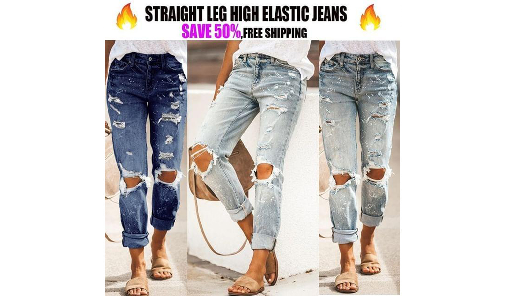 Women High Elasticity Mid-Waist Distressed Retro Ripped Straight Legs Denim Jeans?+Free Shipping!