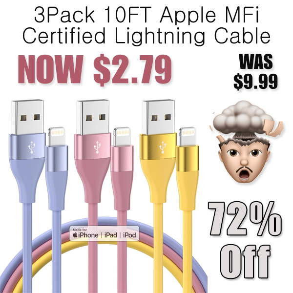 3Pack 10FT Apple MFi Certified Lightning Cable Only $2.79 Shipped on Amazon (Regularly $9.99)