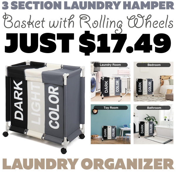 3 Section Laundry Hamper Basket with Rolling Wheels Only $17.49 (Regularly $34.99)