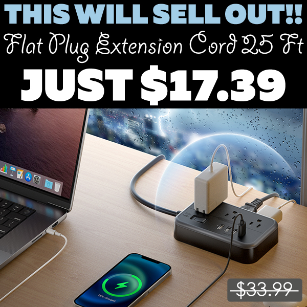 Flat Plug Extension Cord 25 Ft Only $17.39 (Regularly $33.99)