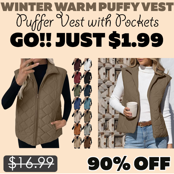 Puffer Vest with Pockets Only $1.99 (Regularly $16.99)