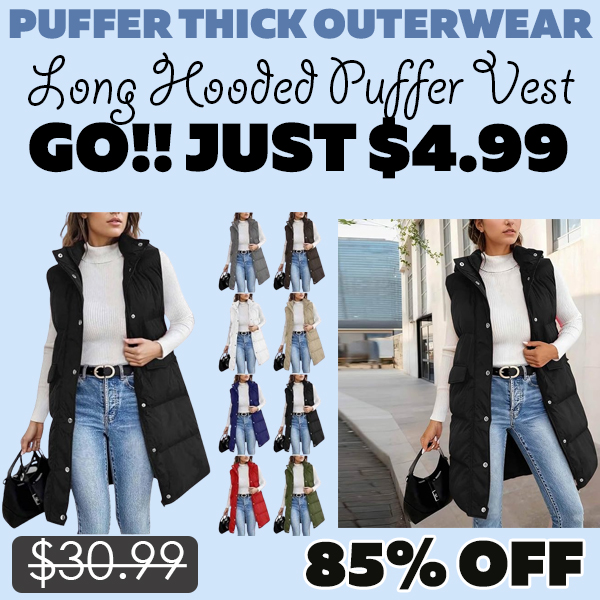 Long Hooded Puffer Vest Only $4.99 (Regularly $30.99)