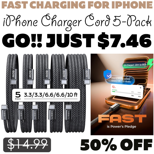 iPhone Charger Cord 5-Pack Only $7.46 (Regularly $14.99)