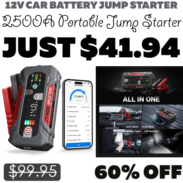 2500A Portable Jump Starter Only $41.94 (Regularly $99.95)